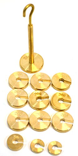 Eisco Labs Brass Slotted Set of Masses and Hanger (50g Hanger, Two 5g Discs, one 10g disc, and Nine 20g Discs - Overall Mass 250g)