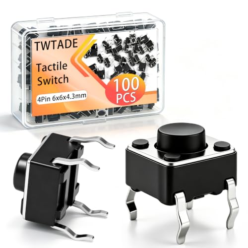 TWTADE 100Pcs Micro Momentary Tactile Push Button Switch 6x6x4.3mm 4Pin Tact Switch Assortment Kit - color: Black-4 Pin/100Pcs