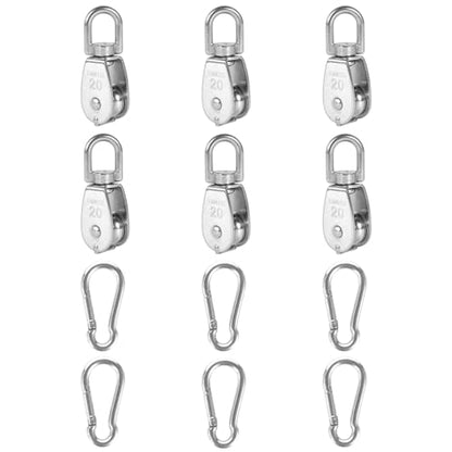 6X 304 Stainless Steel M20 Single Swivel Rope Pulley Blocks with Snap Hooks - size: M20-6pcs