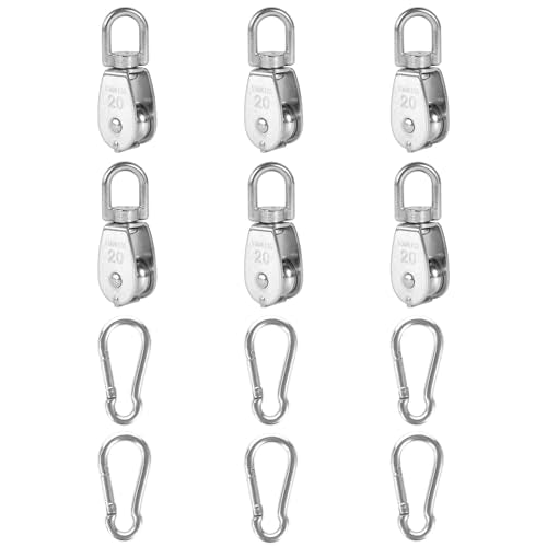 6X 304 Stainless Steel M20 Single Swivel Rope Pulley Blocks with Snap Hooks - size: M20-6pcs