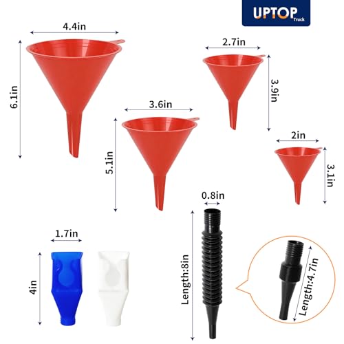 10 Pcs Automotive Funnel Set Wide Mouth Fuel Funnels with Long Neck, Flexible Spout & Removable Filter – for Gasoline, Coolant, Water, Engine Oil Plastic Oil Funnel Set