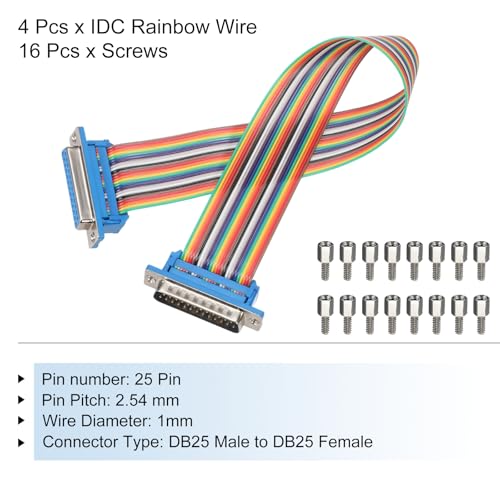 MECCANIXITY 4 Pcs IDC Rainbow Wire Flat Ribbon Cable DB25 Male to DB25 Female 11.8 Inch Length 2.54mm Pitch Breadboard Jumper Wires for Electronic Projects - size: 11.8 Inch, style: DB25 Male to DB25 Female