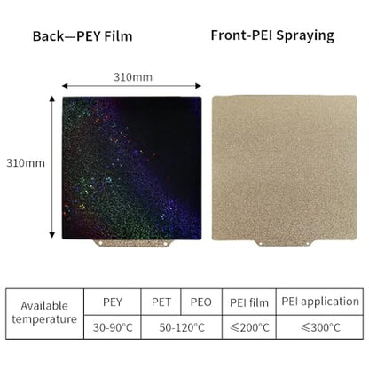 BORDSTRACT Double-Sided Build Plate, PEI Spray Texture + PEY Smooth Film Spring Steel Flexible Plate 310x310mm Without Soft Magnetic Base for Most Models of 3D Printer Platforms - style: PEI spray + PEY film 310*310mm