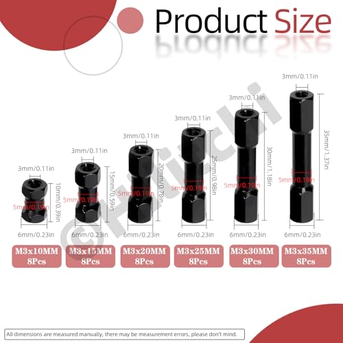 Hilitchi 48Pcs 6Sizes Hex Aluminum Standoff Spacer Column Assortment Kit Black Hexagonal Connecting Column Model Spacer Column Wide Head Column Spacer Pillar for Drone Quadcopter, DIY Models