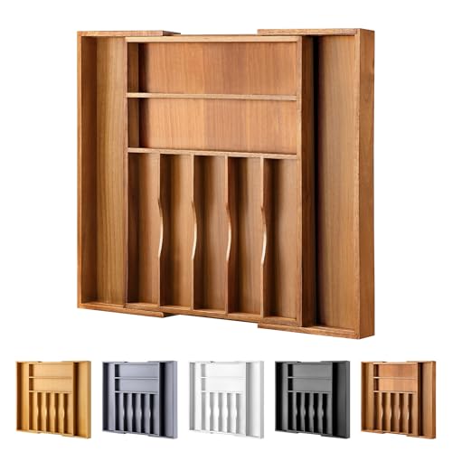 Large Premium Acacia Silverware Organizer - Expandable Drawer Organizer & Utensil Organizer - 17"x19.7" Cutlery Tray with Dividers for Kitchen Utensils and Flatware (7-9 Slots) Acacia - color: Acacia, size: 9 Slots Expandable