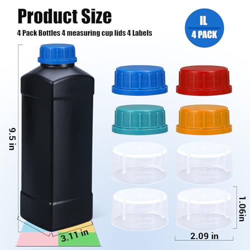 4 Pack 34oz Square Lightproof Black Plastic Bottles with Graduated Lids, Leak Proof Empty Liquid Containers, Travel Pill Bottles, Film Developing Kit & Sample Storage Bottles - size: 34oz