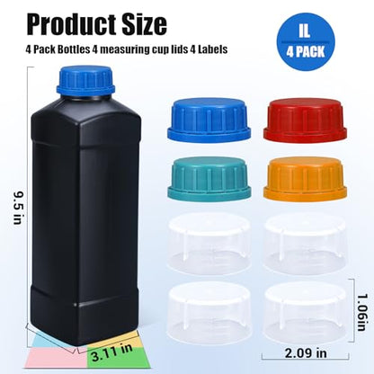 4 Pack 34oz Square Lightproof Black Plastic Bottles with Graduated Lids, Leak Proof Empty Liquid Containers, Travel Pill Bottles, Film Developing Kit & Sample Storage Bottles - size: 34oz