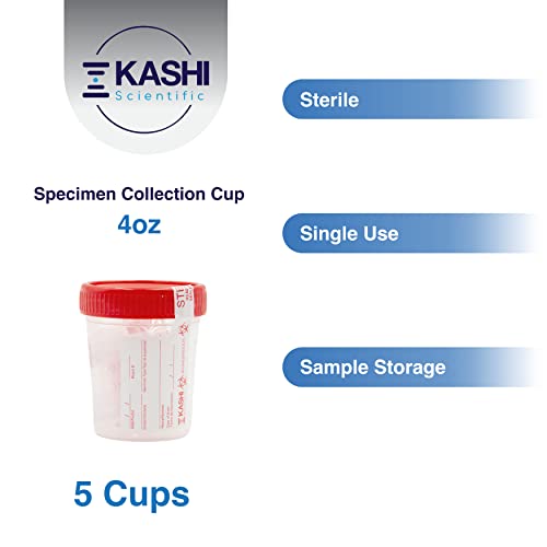 Kashi Scientific Sterile Specimen Cup w/Lid [4oz, 5 Count] Urine Collection Container with Secure Seal Individually Wrapped for Urine or Semen Collection, Disposable Pee Cup w/Safety Label