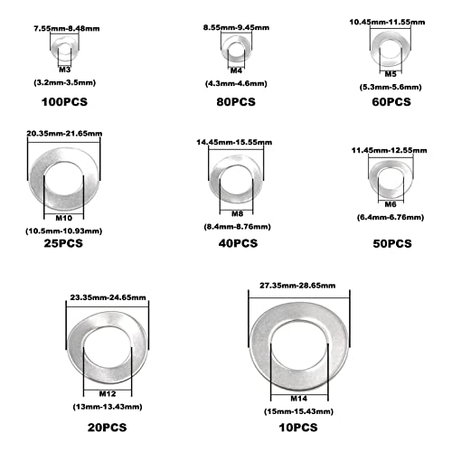 385PCS Metric M3 M4 M5 M6 M8 M10 M12 M14 304 Stainless Steel Wave Spring Washers Assortment Kit