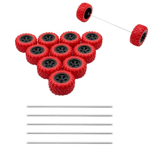 12PCS Toy Wheel Model Car Rubber Tire Wheel with 6PCS Metal Shaft Round Rod Axles for for DIY Model Toy RC Car Truck Robot Boat Building Projects (Red) - color: Red