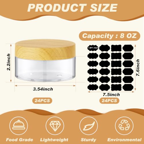 24 Pack 8 oz Clear PET Cosmetic Jars with Light Wood Grain Lids and Labels - color: Clear with Light Wood Lid, size: 8 oz