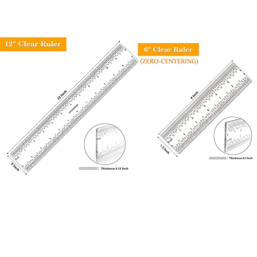 2 PCS 6 Inch /12Inch Clear Acrylic Ruler Zero-Centering Ruler with Inches & Metric Measuring Tool 12" and 6" Inch Straight Edge Rulers for Scrapbooking Card-Making Student School Office Home Tool - color: 2PCS (G)