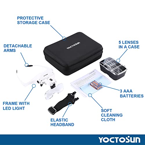 YOCTOSUN Magnifying Glasses with Light, LED Head Magnifier with 5 Lenses, Headband, Storage Case, Hands Free Lighted Head Magnifying Visor for Close Work Hobby Crafts - style: Head Magnifier with 2 LED Lights & Storage Case