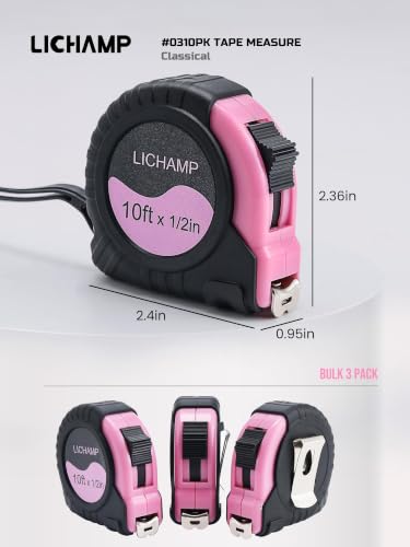 Lichamp Small Tape Measure 10 Feet, Pink Tape Measure Mini 3 Pack 10ft x 1/2in with 1/8 Fractions, 0310PK