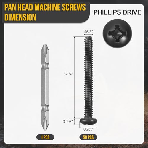 DTGN #6-32x1-1/4 Pan Head Machine Screw W/Screwdriver Bit 304 50pcs - size: #6-32x1-1/4"
