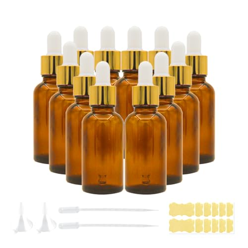 Set of 12, 1 oz Amber Dropper Bottles for Essential Oils, Perfumes with 2 Funnels & 12 Labels -30ml Amber Glass with Eye Droppers - Tincture Bottles, Leak Proof Travel for Liquids - color: Amber, size: 1 Ounces