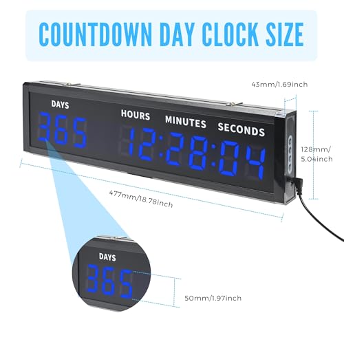 Large Digital Count Up Count Down Timer, Multi-Function 999 Days Countdown Remote Control 12/24 Hour Real Time Clock Calendar, Blue Large Display(18.8"*5") Buzzer Alert for Event