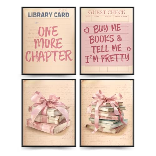 ETVISO Vintage Book Reading Posters for Library, Pink Coquette Room Wall Art Prints Set of 4, Trendy Preppy Pink Bow Book Wall Decor Posters for Girls Bedroom Dorm, 8x10 (Unframed) - color: Book pink, size: 8x10 in