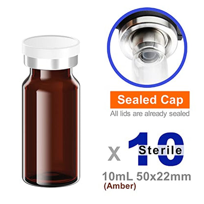 Sterile Empty Vials with Self Healing Injection Port and Aluminum Plastic Cap,Sterile Package (10ml Amber 10PCS) - size: 10ml Amber 10PCS