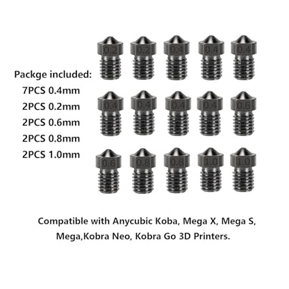 15PCS Hardened Nozzles Kit for Anycubic Kobra, 3D Printer 7PCS 0.4mm Nozzles and 2PCS 0.2mm, 0.6mm, 0.8mm, 1.0mm Wear Resistance Nozzles Kit for Anycubic Mega, Mega X, Chrion, Kobra Neo - style: Mega Harden Steel Multi Size