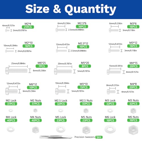 500Pcs White Nylon Screws Bolts Nuts Washers Set - size: M2,M2.5,M3,M4,M5,M6