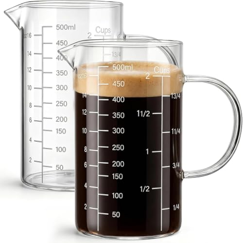2 Pack Glass Liquid Measuring Cup 500ML 2 CUP with Handle, High Borosilicate Glass Measuring Beaker Three Scales (OZ, Cup, ML/CC) for Kitchen or Restaurant, V-Shaped Spout, Easy to Read
