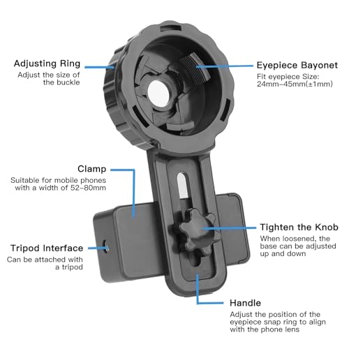 Phone Telescope Adapter 360° Rotating Digiscoping Mount for 16-50mm Eyepieces Fits Most Telescopes, Spotting Scopes & Microscopes – Adjustable Cell Phone Holder for Digiscoping （with Wireless Shutter）