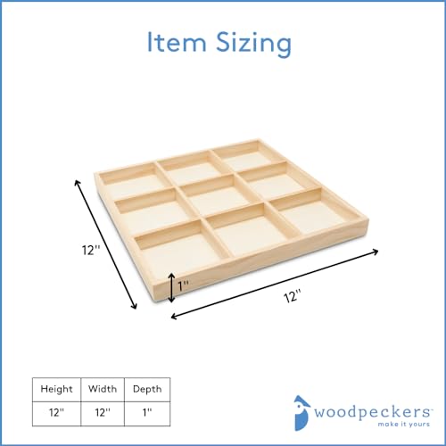 DIY Square Wooden Divided Serving Tray 12 x 12-inch, Pack of 5 9-Section Candy Tray for Vegetable & Fruit Party Platters, by Woodpeckers - size: 12" x 12" 9 Part