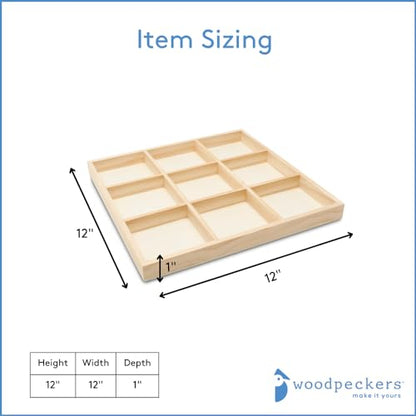 DIY Square Wooden Divided Serving Tray 12 x 12-inch, Pack of 5 9-Section Candy Tray for Vegetable & Fruit Party Platters, by Woodpeckers - size: 12" x 12" 9 Part