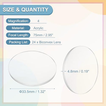PATIKIL 24 Pack Biconvex Lens, 33.5mm Dia. 75mm Focal Length Optical Lenses Magnifier Paperweight Acrylic Double Convex for DIY Office Desk Home Science Experiment Telescope - size: 33.5mm Dia. 75mm Focal Length