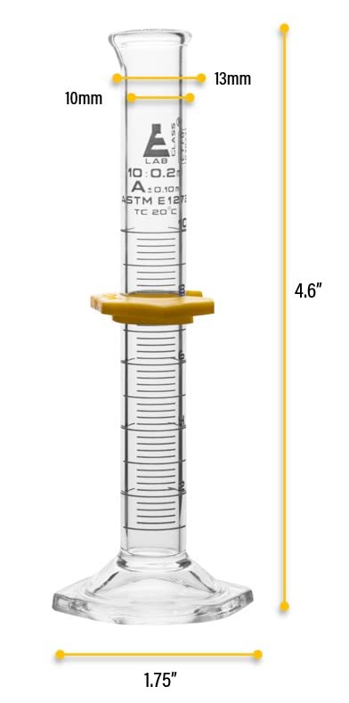 Measuring Cylinder, 10ml - ASTM, Class A Tolerance ±0.10ml - Protective Collar, Hexagonal Base - White Graduations - Borosilicate 3.3 Glass - Eisco Labs - size: 10mL