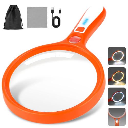 Large Magnifying Glass with Light: 5IN Handheld Illuminated Lighted Magnifier with 13 LED Lights, Rechargeable Magnifier (Orange+White, Magnifier with Light (No Case)) - color: Orange+white