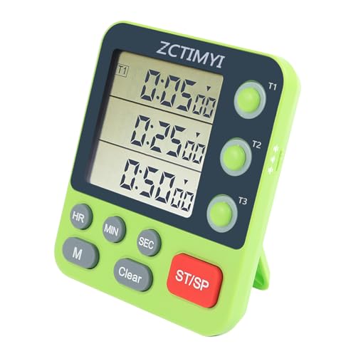 Dual Digital Timer for Kitchen Cooking, 3 Channels Count Down/Up Triple Timer for Kids, Presets Memory Large Display & Magnetic Back Adjustable Alarm Volume, Suit for Kids Teachers Studying, Green