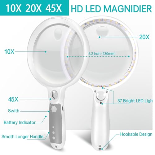 Large Magnifying Glass with 37 LED Light, 10X 20X 45X Handheld Illuminated - color: White & Grey, size: Magnifier with Light (No Case)