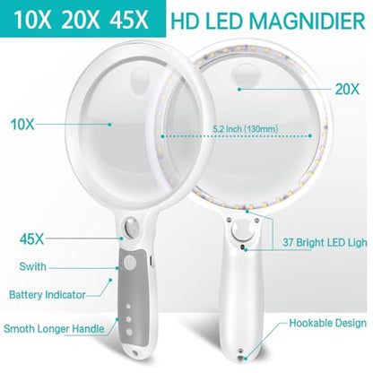 Large Magnifying Glass with 37 LED Light, 10X 20X 45X Handheld Illuminated - color: White & Grey, size: Magnifier with Light (No Case)