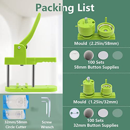 Happizza Button Maker Machine Multiple-Sizes - Pin Maker Machine 1.25 inch+2.25 inch, Interchangeable Button-models Badge Button Press Machine with 200 Sets 32+58mm Button Maker Supplies&Circle Cutter - size: Green 1.25+2.25 inch (200 Sets)