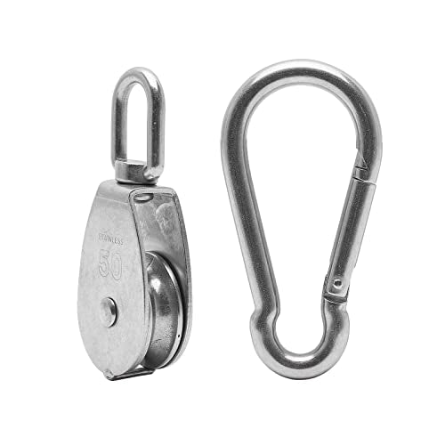 1x 304 Stainless Steel M50 Single Swivel Rope Pulley Blocks with Snap Hooks - size: M50-1pc