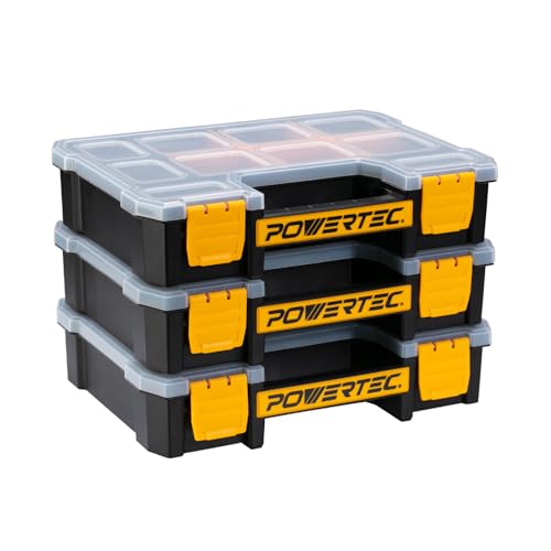 POWERTEC Small Parts Organizer & Tool Box – 10 Compartments, Stackable Storage with Removable Dividers, Clear Lid, Portable Design, 3-Pack (72117-P3) - color: Stackable Tool Box Medium, size: 3 Packs - 10 Compartments