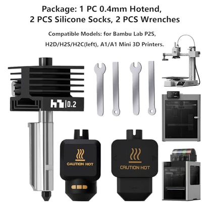 Upgrade 0.2mm P2S, X2D Hotend Kit, 3D Printer Print Head Hot End Heating Block Kit with 0.2mm Removable Hardened Steel Nozzle for Bambu Lab H2D, H2C, H2S, A1/A1 Mini - size: 0.2mm