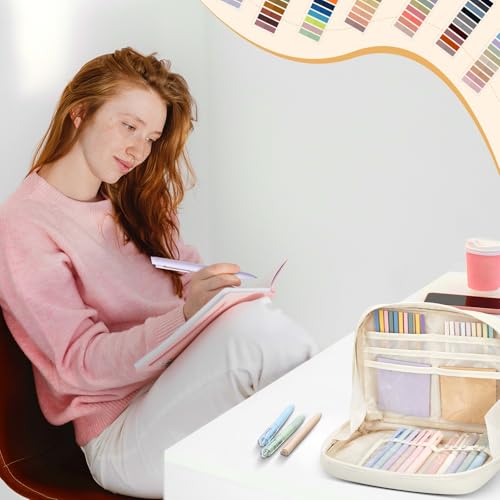 135 Pcs Book Annotation Kit Aesthetic Pencil Case Bag 12 Highlighter 11 Gel Pen 1 Marker 300 Sheet Transparent Sticky Notes Pad 2640 Index Stickers Bible Study Supplies(Kawaii,Beige) - color: Beige, style: Kawaii