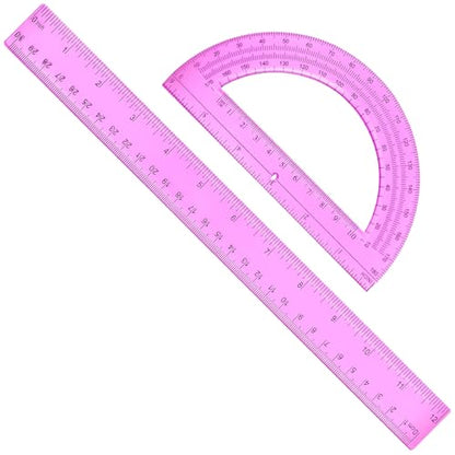 2 Packs 12 Inch Plastic Ruler and 6 Inch Plastic Protractor Set Clear Math Geometry Set Classroom Set Angle Detector School Supplies Classroom Ruler Home Office Drawings (Pink) - color: Pink