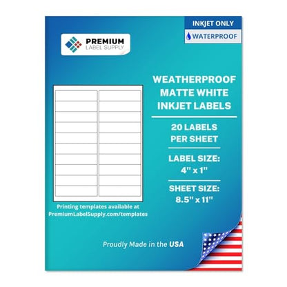 Premium Label Supply Waterproof White Address Sticker Labels – 4" x 1" – Inkjet Printers Only – (20 per Sheet), 10 Sheets - 200 Total Adhesive Labels - size: 200 Labels