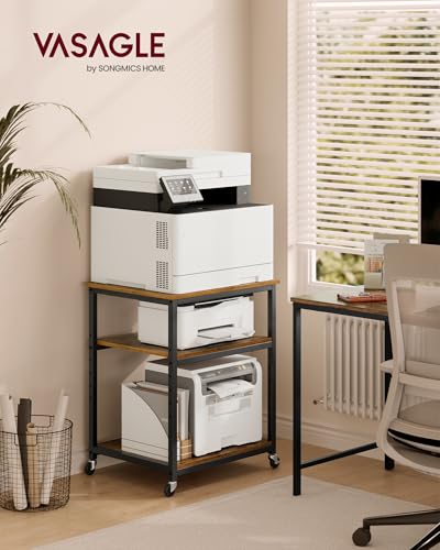 VASAGLE 3-Tier Printer Stand with Locking Wheels, Under Desk Printer Table - color: Rustic Brown + Ink Black, size: 3 Tiers/Large
