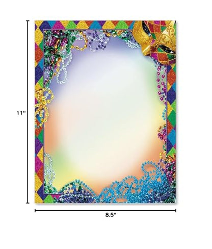 PaperDirect Bourbon Street Mardi Gras Border Paper, Multicolor Harlequin Glitter Print with Mask and Beads Design, 8.5 x 11, Acid-Free, Stationery for Party Invitations, Cards, 25 Sheets - color: Bourbon Street