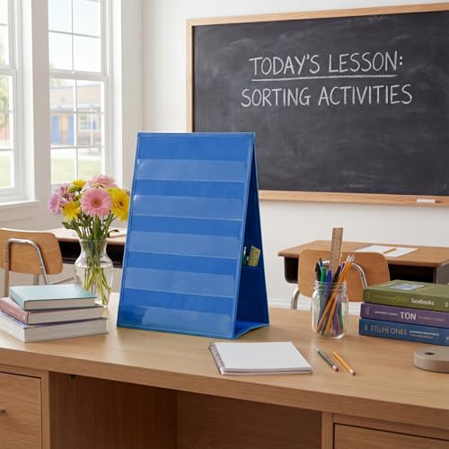 Tabletop Pocket Chart 13 x 17 Inch 600d Oxford Fabric Double Sided Pocket Chart Stand with 5 Straps Foldable Organizer Sticker Display Stand for Classroom, Home, Office (Gray Blue) - color: Gray Blue