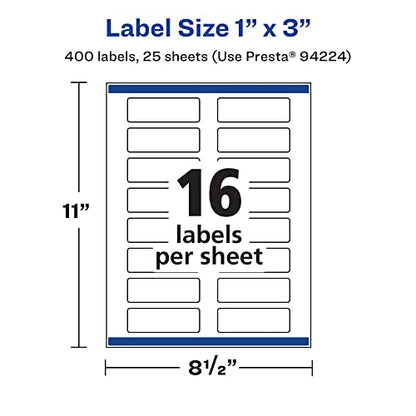 Avery® Printable Durable White Rectangle Labels, Sure Feed® Technology, 1" x 3", Print-to-the-Edge, Waterproof Labels, Laser & Pigment-Based Inkjet Compatible, 400 Total - style: 400 labels