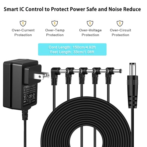 JOYO 12V 1.5A DC Power Supply Adapter for Keyboard, Digital Piano, Guitar Pedals, Mini Amplifier AC Wall Charger Includes 5-Way Daisy Chain Cables & Reverse Polarity Cable (Tip Negative) - size: 12V1500mA