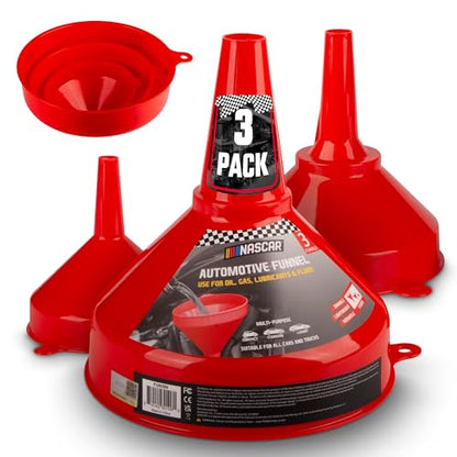 NASCAR Automotive Funnel Set – Oil, Gas & Fluid Funnels for Cars & Trucks, Durable, Lightweight, & Versatile, Includes 3 Sizes: Small, Medium, Large, Multi-Purpose Use for Oil Changes, Fuel, & More