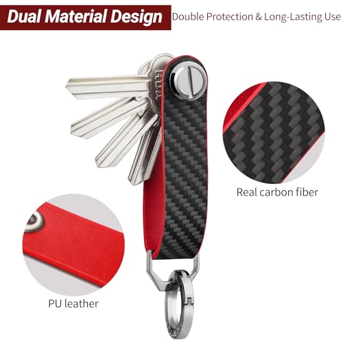 T-carbon Carbon Fiber Key Organizer, Compact Key Holder, Silent Keychain, Expandable Key Case Holds Up to 8 Keys - color: Red