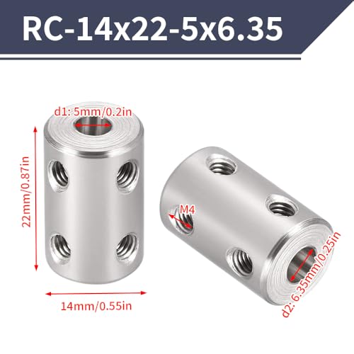 2PCS 5mm to 6.35mm Bore Rigid Coupling, L22 x D14 Set Screw Shaft Coupler Motor Connector 45# Steel for 3D Printers, Motor Accessories, RC Boat Car Airplane - size: RC-14x22-5x6.35